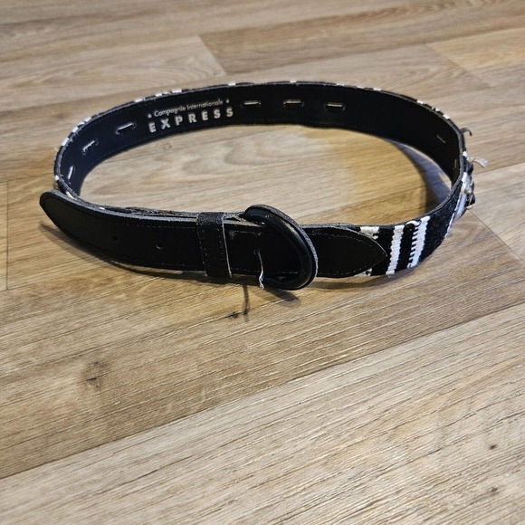 Express Compagnie Internationale Leather Corduroy Belt Size S Black White - Picture 2 of 14